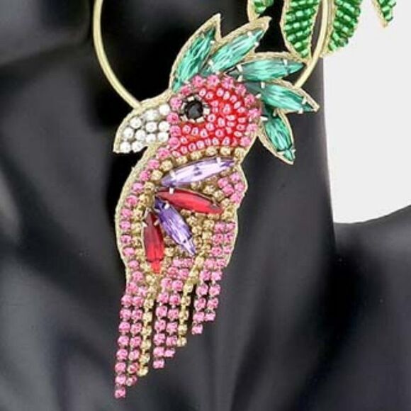 Parrot Open Metal Circle Palm Tree Dangle Earrings - Picture 3 of 7